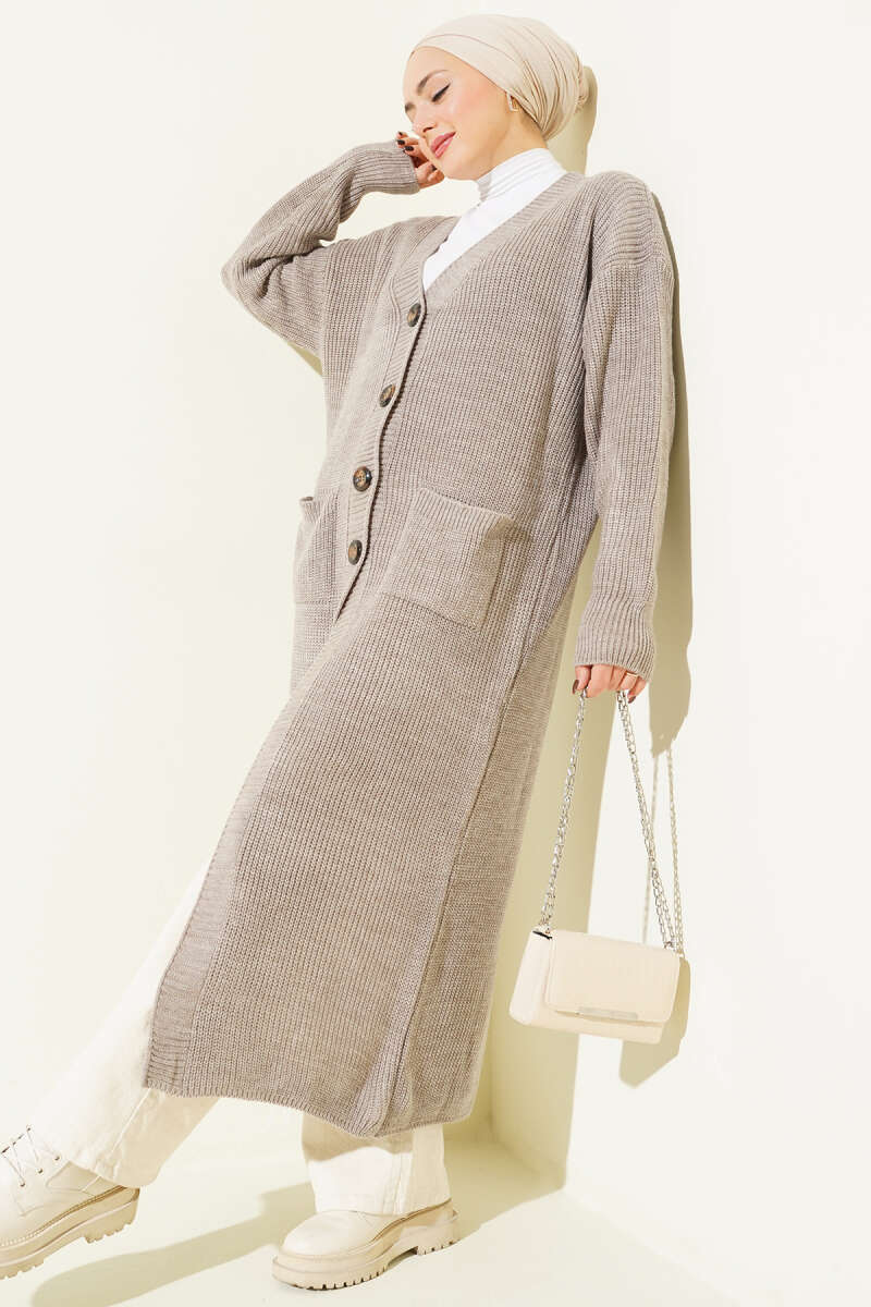 Button-Up Pocket Long Knit Cardigan Bronze