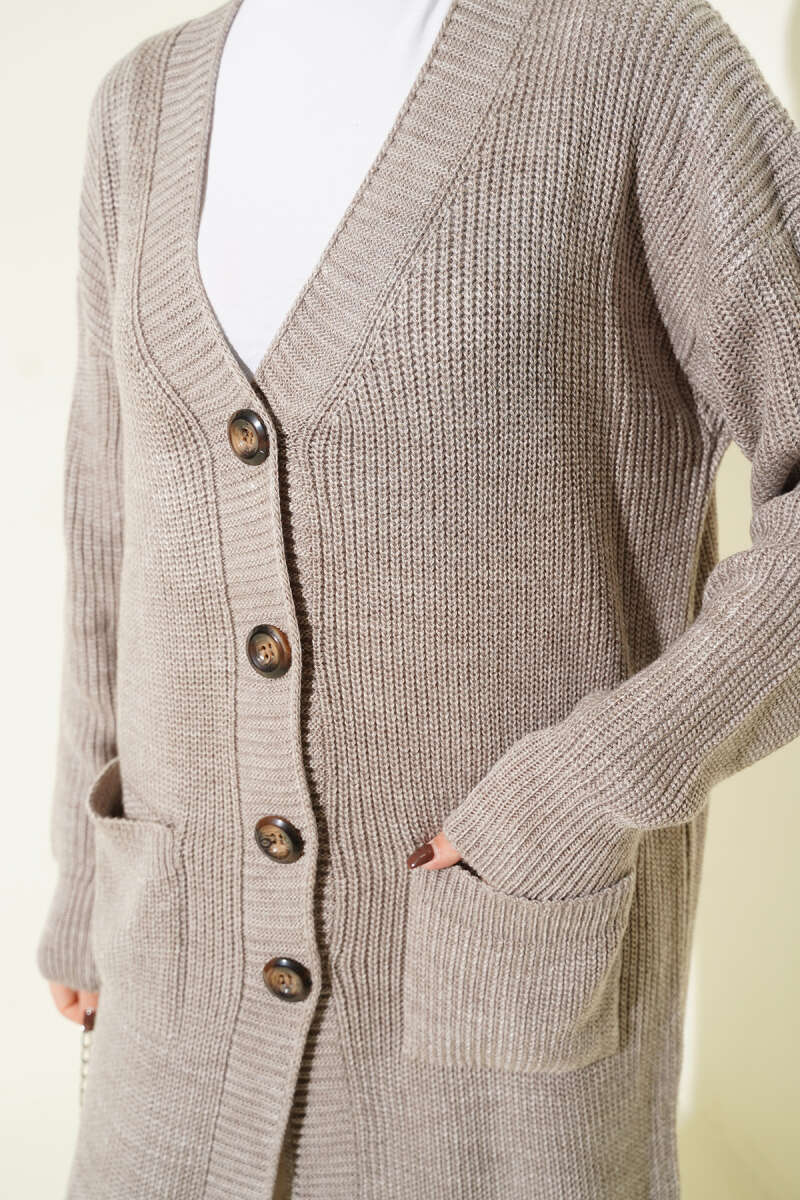 Button-Up Pocket Long Knit Cardigan Bronze - الصورة 4