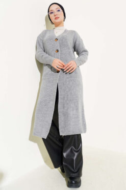 Alternative view of Button-Up Pocket Long Knit Cardigan Grey