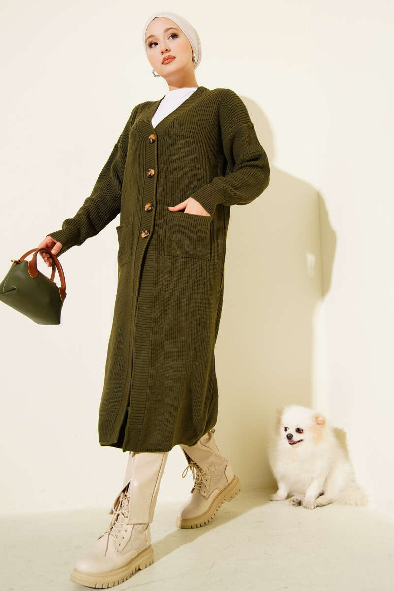 Button-Up Pocket Long Knit Cardigan Khaki
