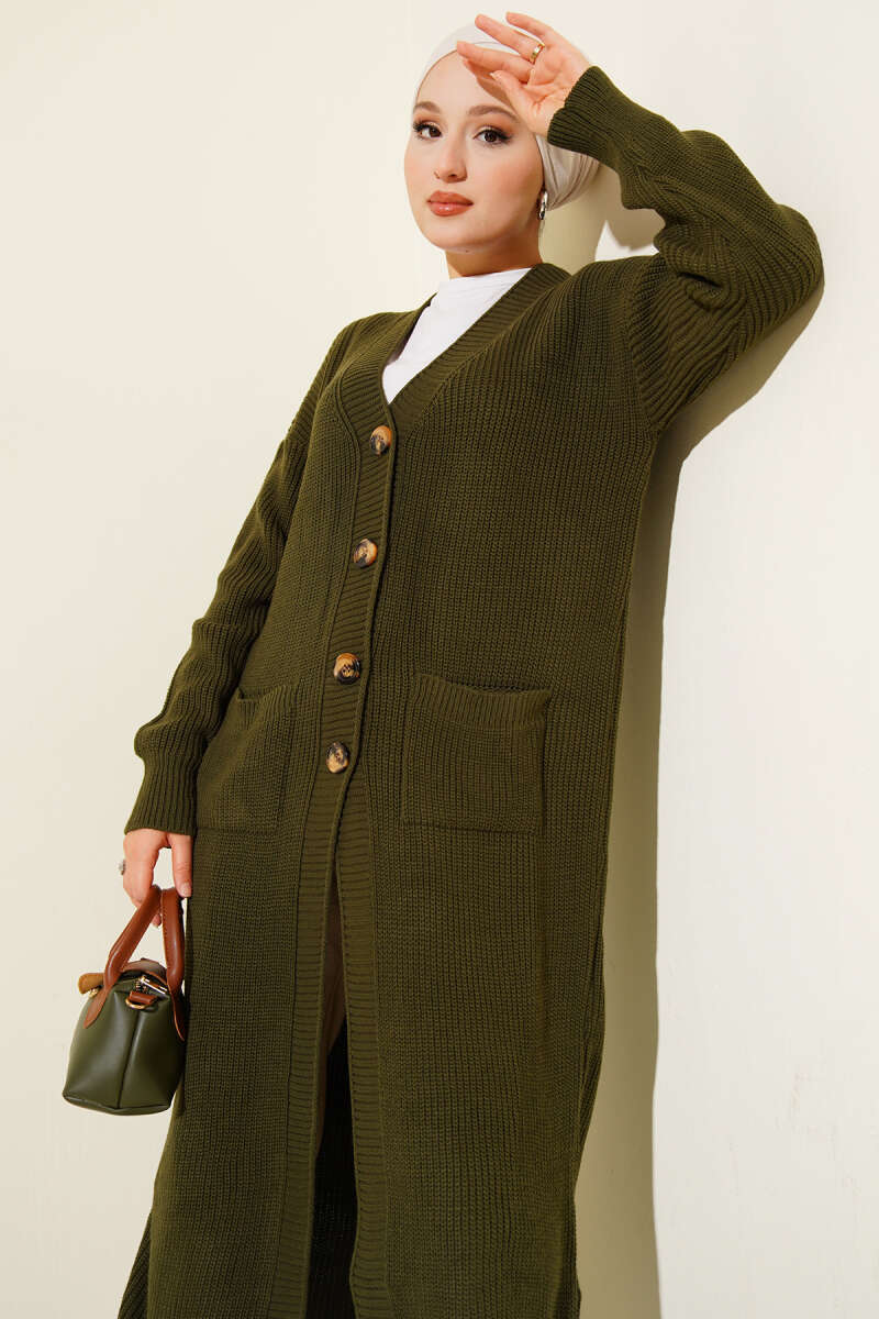 Button-Up Pocket Long Knit Cardigan Khaki - الصورة 2