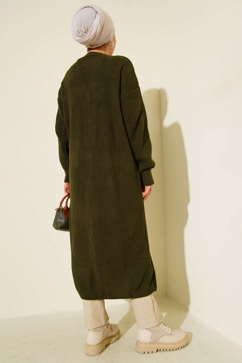 Button-Up Pocket Long Knit Cardigan Khaki - الصورة 3