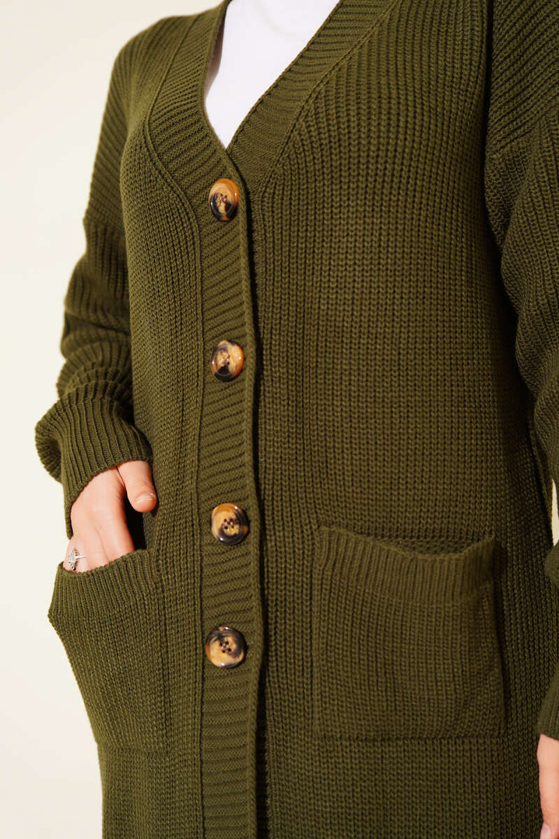 Button-Up Pocket Long Knit Cardigan Khaki - الصورة 4