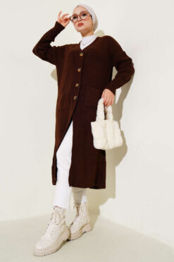 Alternative view of Button-Up Pocket Long Knit Cardigan Brown