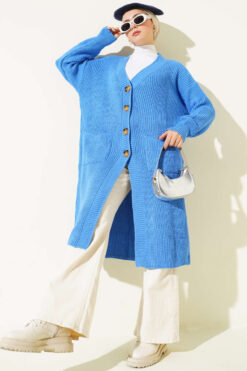 Alternative view of Button-Up Pocket Long Knit Cardigan Blue