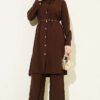 Buttoned Belted Long Tunic Two-Piece Set Dark Brown