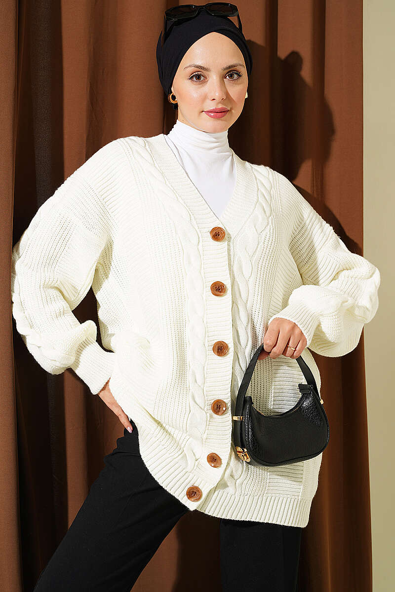 Buttoned Knit Detail Cardigan Ecru