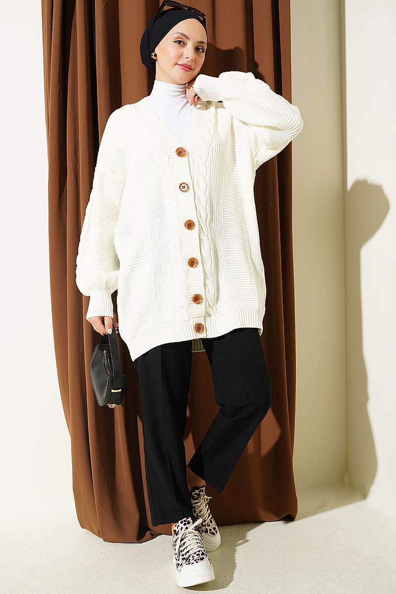 Buttoned Knit Detail Cardigan Ecru - Imagen 2