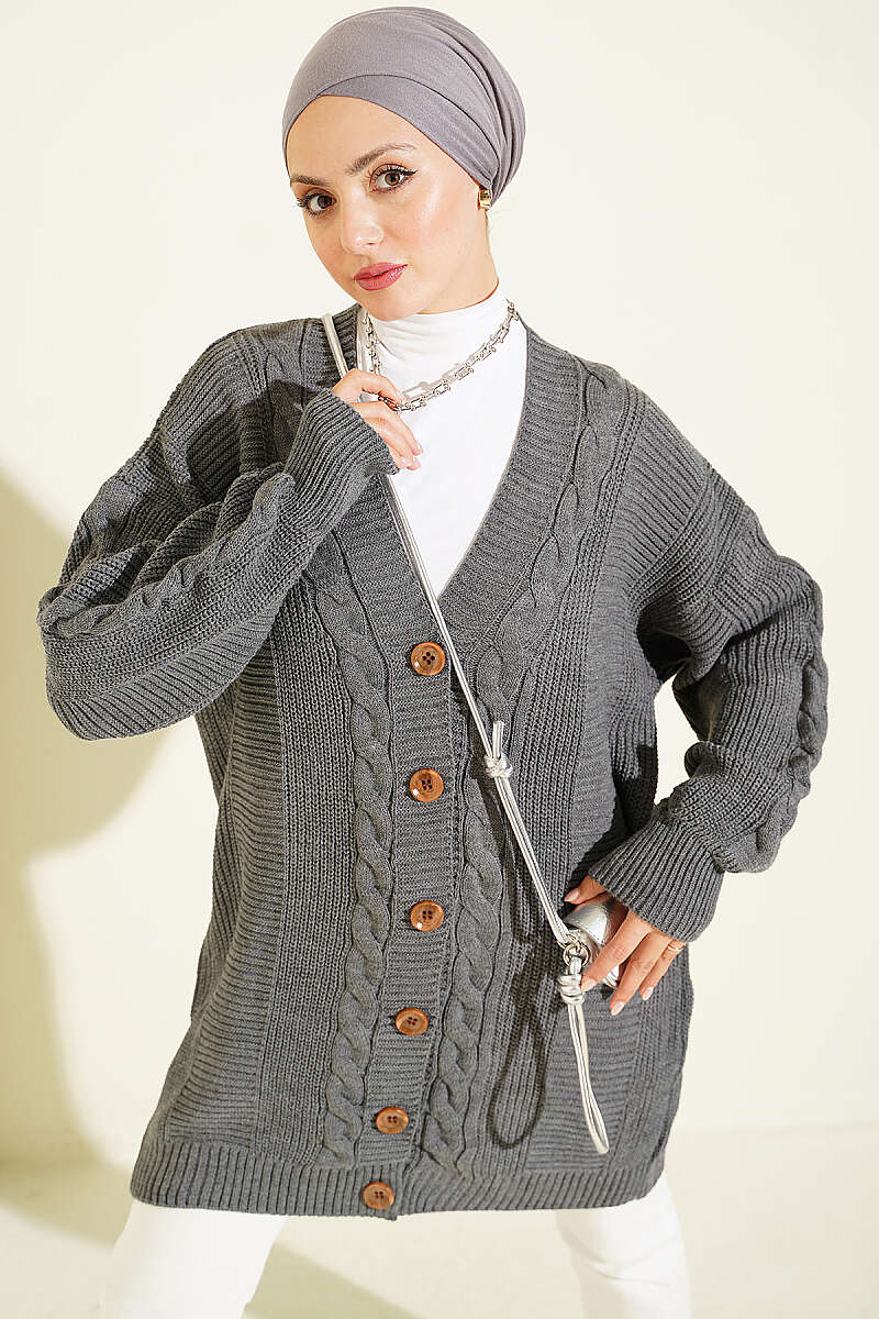 Buttoned Knit Detail Cardigan Smoke