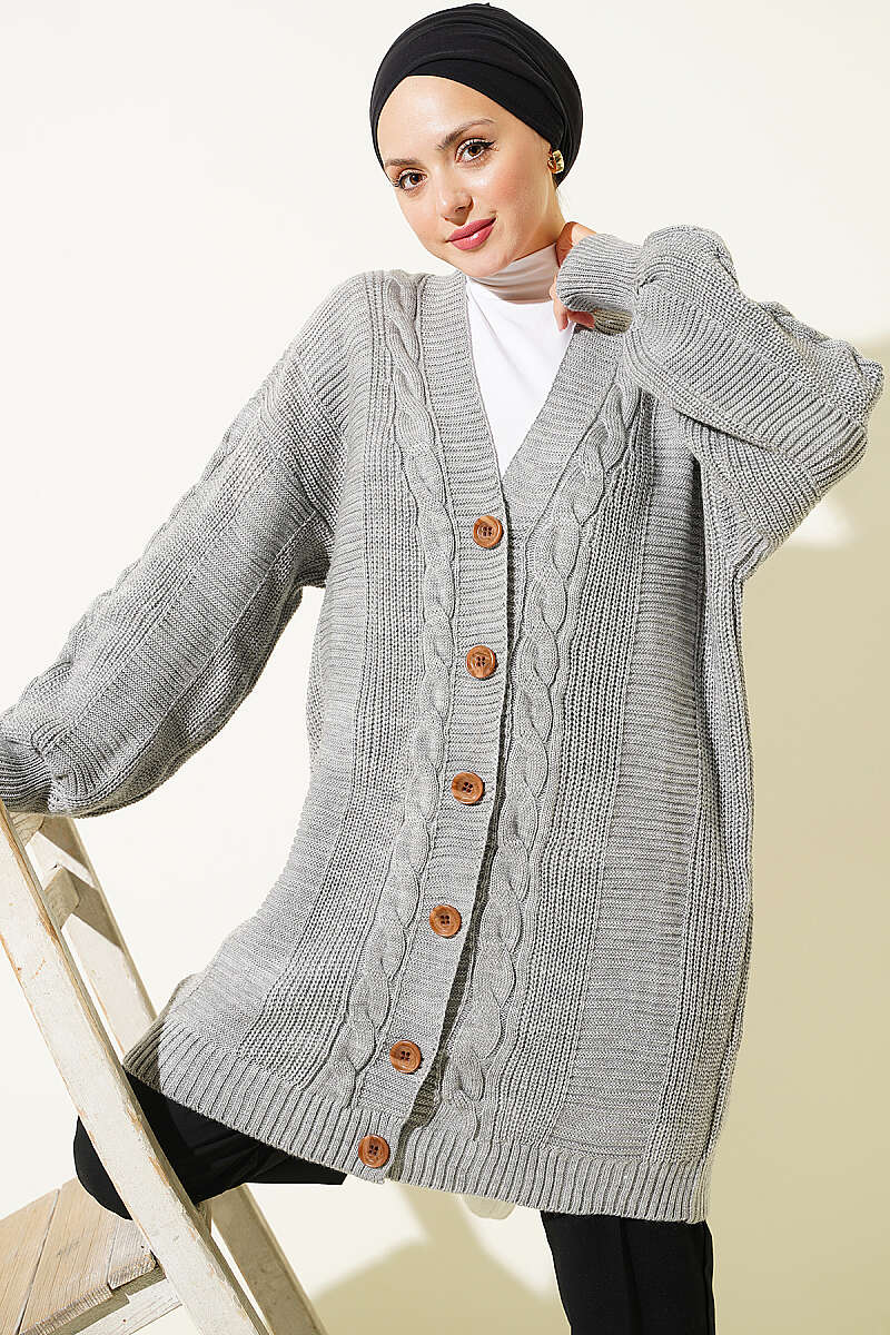 Buttoned Knit Detail Cardigan Grey
