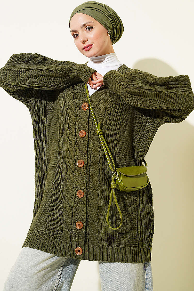 Buttoned Knit Detail Cardigan Khaki