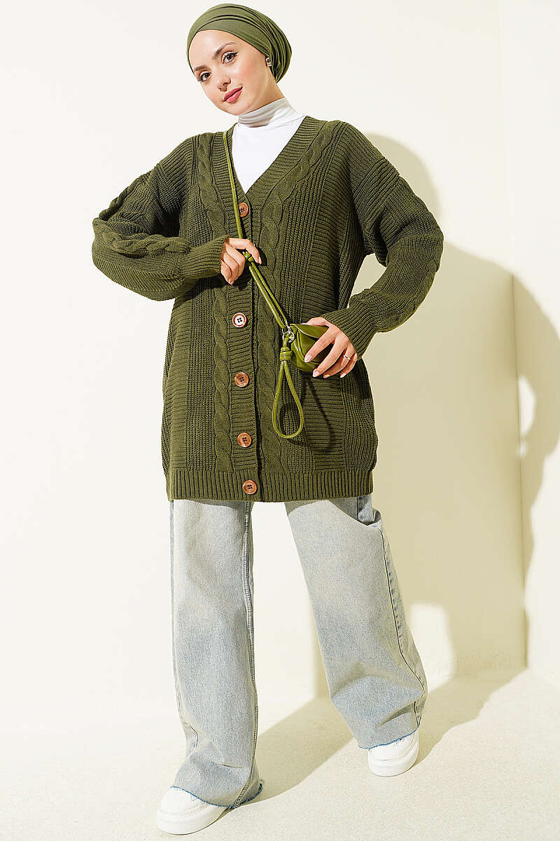 Buttoned Knit Detail Cardigan Khaki - Image 2