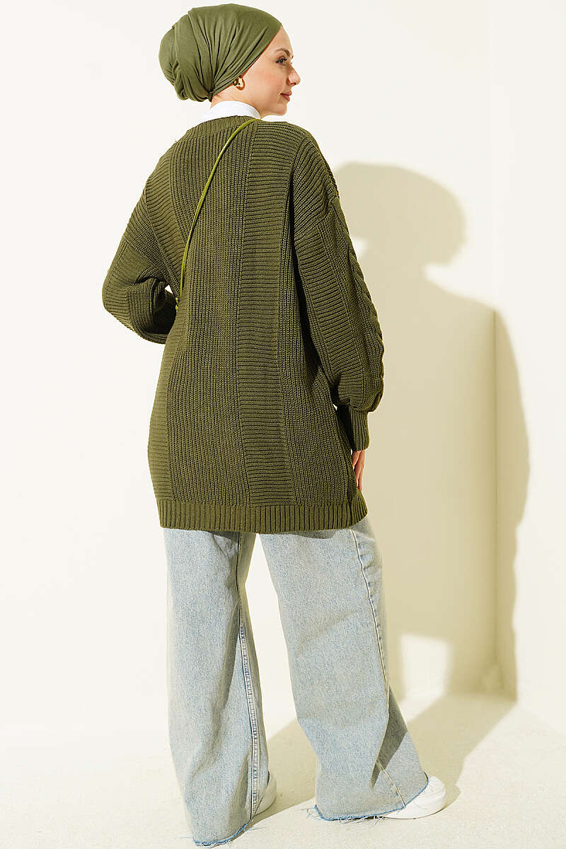 Buttoned Knit Detail Cardigan Khaki - Image 3