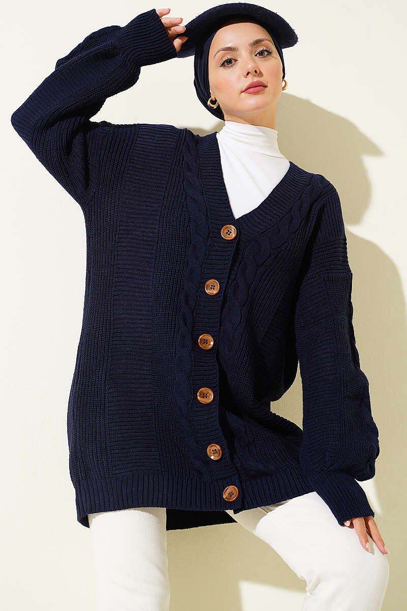 Buttoned Knit Detail Cardigan Navy Blue