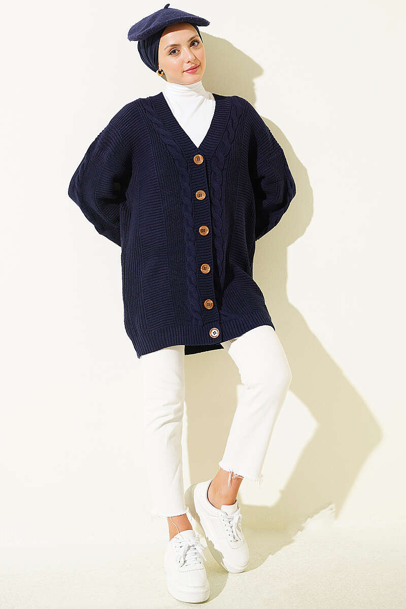 Buttoned Knit Detail Cardigan Navy Blue - Image 2