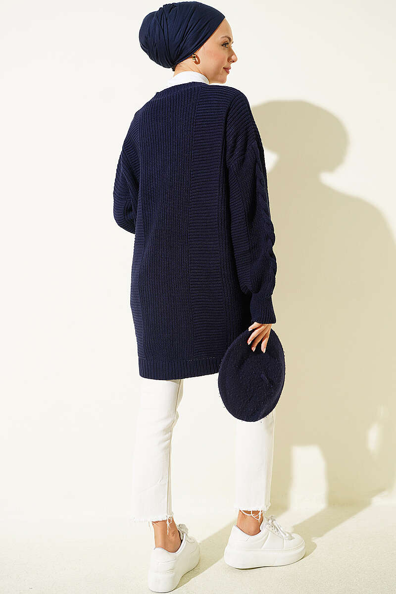 Buttoned Knit Detail Cardigan Navy Blue - Image 3