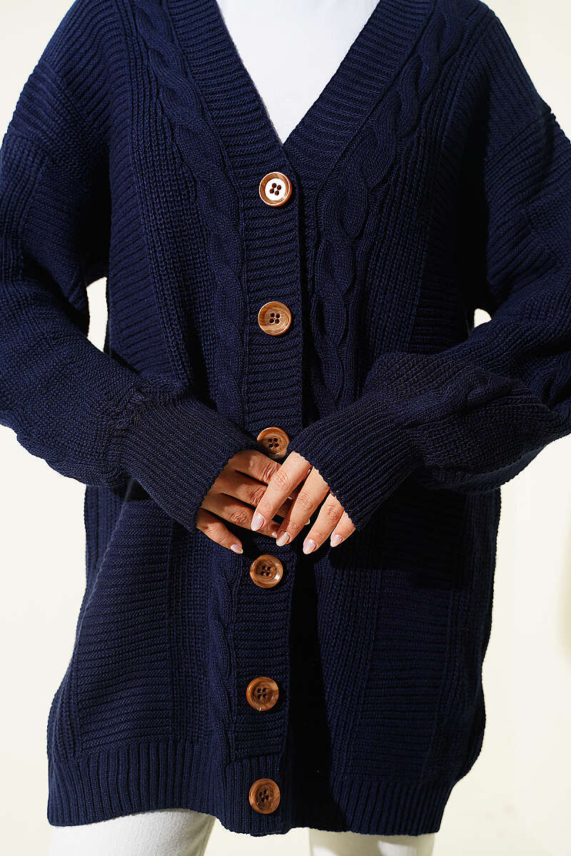 Buttoned Knit Detail Cardigan Navy Blue - Image 4
