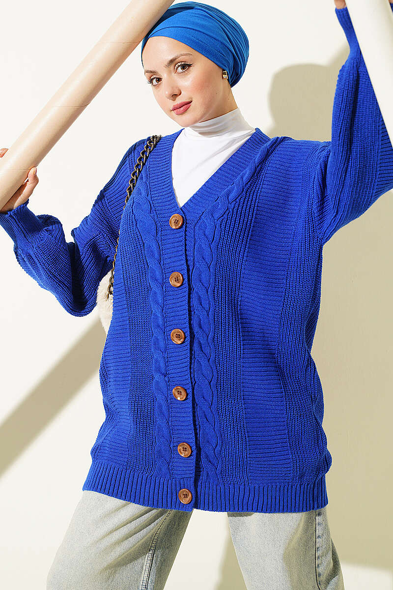 Buttoned Knit Detail Cardigan Saxon Blue