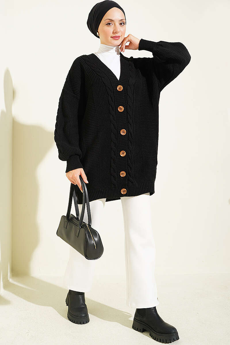 Buttoned Knit Detail Cardigan Black - immagine 2