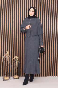 Buttoned Cape & Knit Dress Modest Two-Piece Set Grey