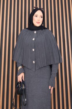 Alternative view of Buttoned Cape & Knit Dress Modest Two-Piece Set Grey