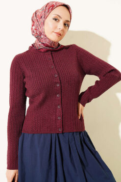 Buttoned Knitted Cardigan with Braided Hair Texture Plum
