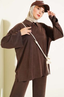 Alternative view of Button-up Collar Tencel Two-Piece Set Brown