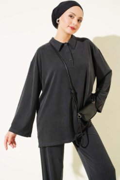 Alternative view of Button-up Collar Tencel Two-Piece Set Black