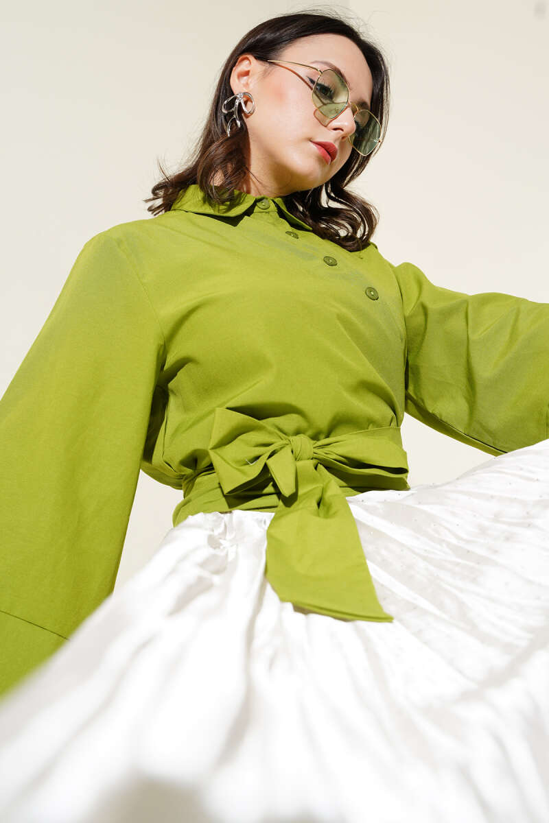 Buttoned Side Tied Short Shirt Pistachio Green