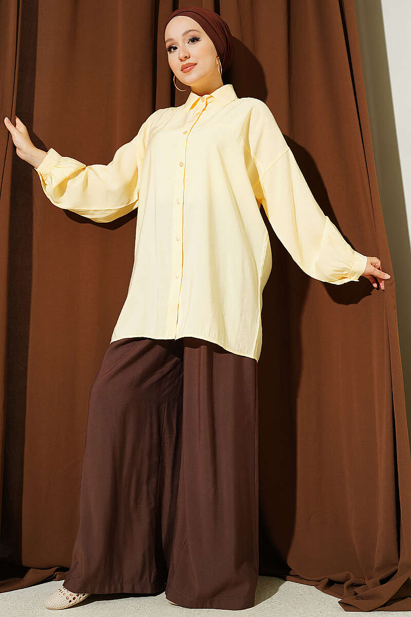 Low Shoulder Tie Belted Modal Shirt Yellow - Image 2