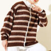 Off-Shoulder Striped French Terry Knit Cardigan Brown