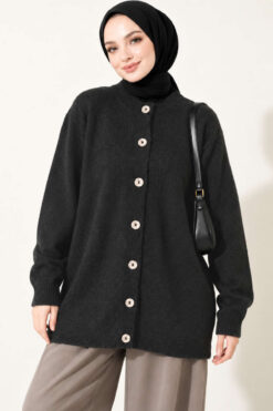 Off-Shoulder Button-Front French Terry Knit Cardigan Anthracite
