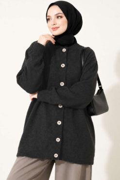 Alternative view of Off-Shoulder Button-Front French Terry Knit Cardigan Anthracite