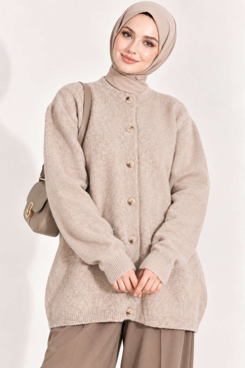 Off-Shoulder Button-Front French Terry Knit Cardigan Beige
