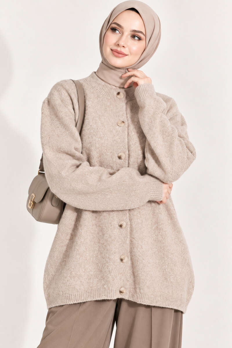 Off-Shoulder Button-Front French Terry Knit Cardigan Beige - Imagen 2