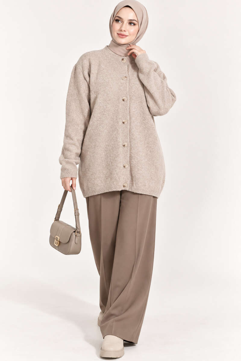 Off-Shoulder Button-Front French Terry Knit Cardigan Beige - Imagen 3