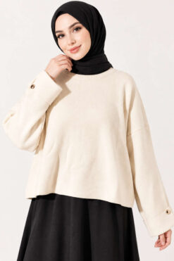 Alternative view of Off-Shoulder Loose-Fit French Terry Knit Sweater Beige