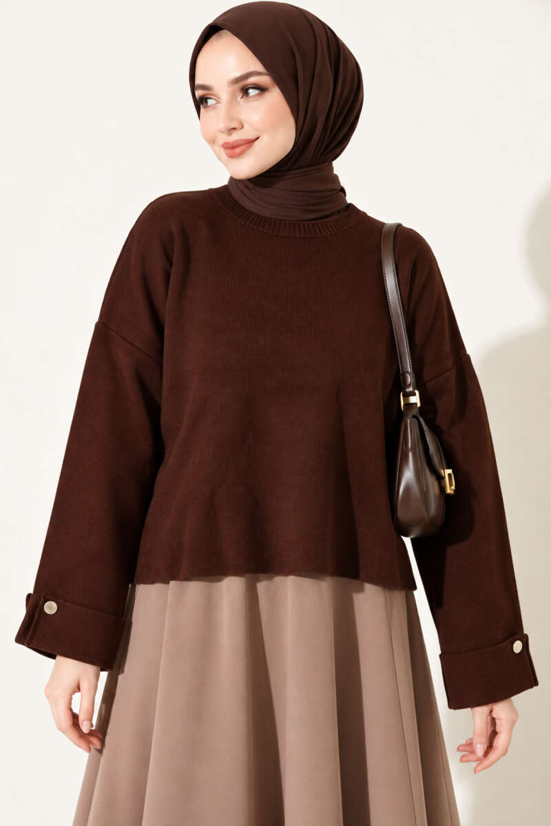 Off-Shoulder Loose-Fit French Terry Knit Sweater Brown - Image 2