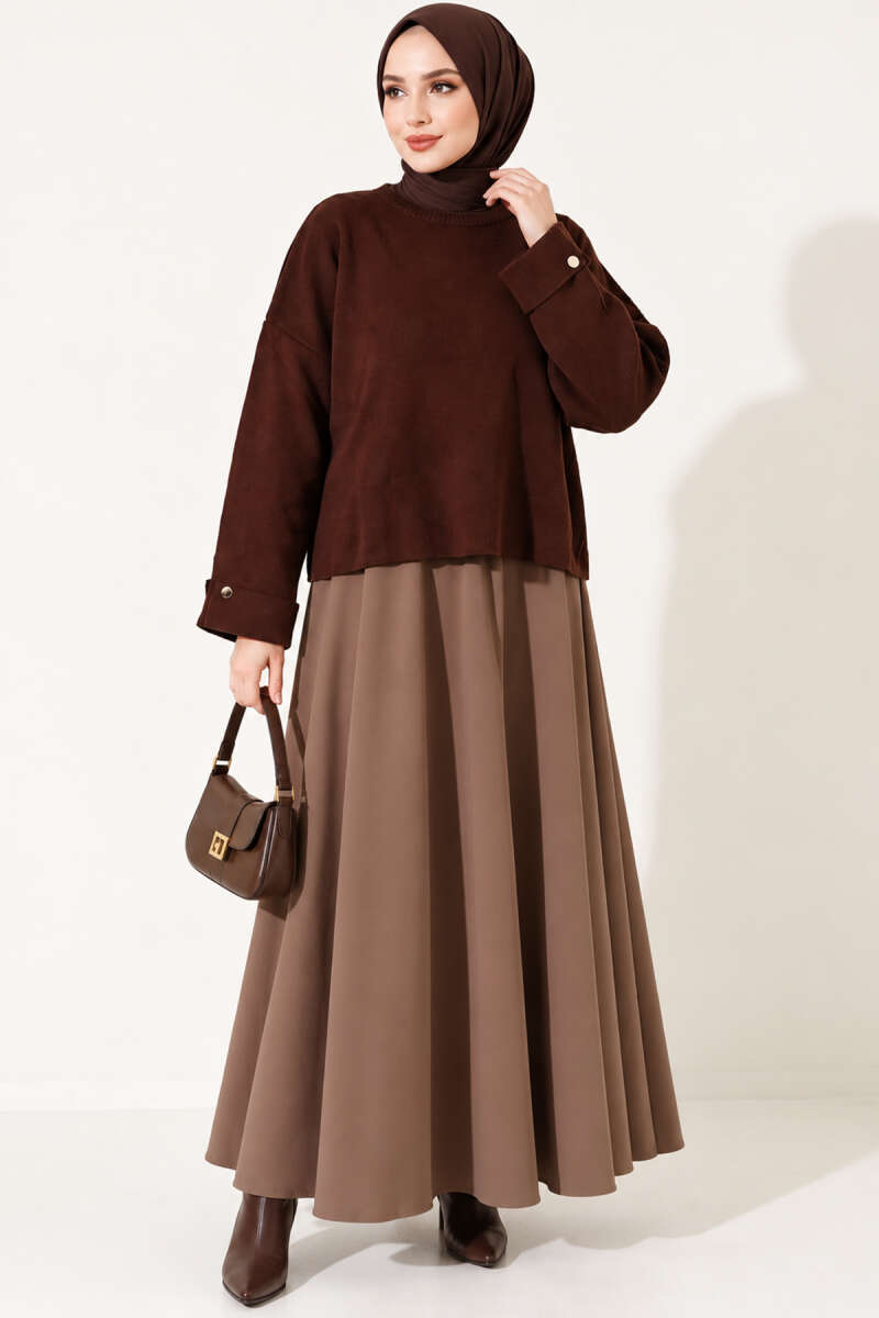 Off-Shoulder Loose-Fit French Terry Knit Sweater Brown - Image 3