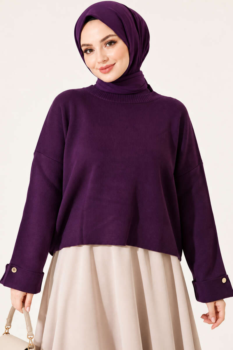 Off-Shoulder Loose-Fit French Terry Knit Sweater Purple