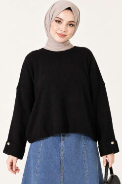 Alternative view of Off-Shoulder Loose-Fit French Terry Knit Sweater Black