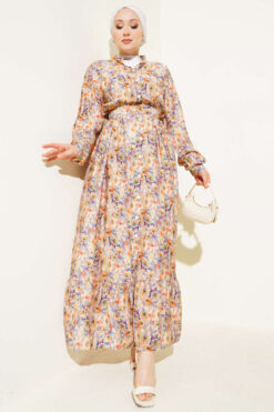 Multicolored Floral Pattern Full-Length Button Dress Beige