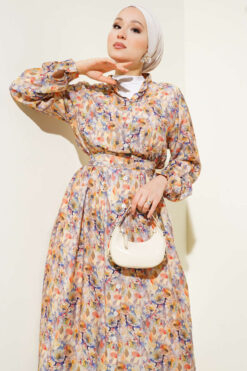 Alternative view of Multicolored Floral Pattern Full-Length Button Dress Beige