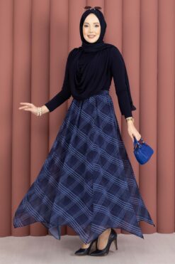 Asymmetrical Cut Chiffon Skirt with Checkered Pattern Navy Blue