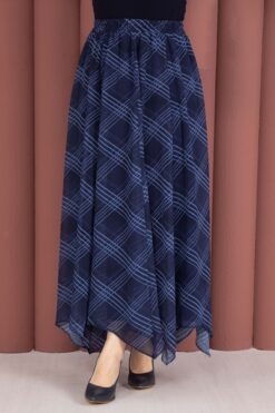 Alternative view of Asymmetrical Cut Chiffon Skirt with Checkered Pattern Navy Blue