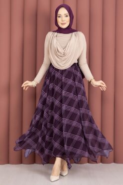 Asymmetrical Cut Chiffon Skirt with Checkered Pattern Plum