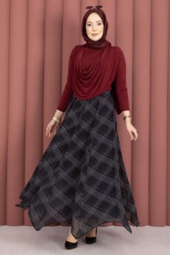 Asymmetrical Cut Chiffon Skirt with Checkered Pattern Black