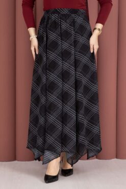 Alternative view of Asymmetrical Cut Chiffon Skirt with Checkered Pattern Black