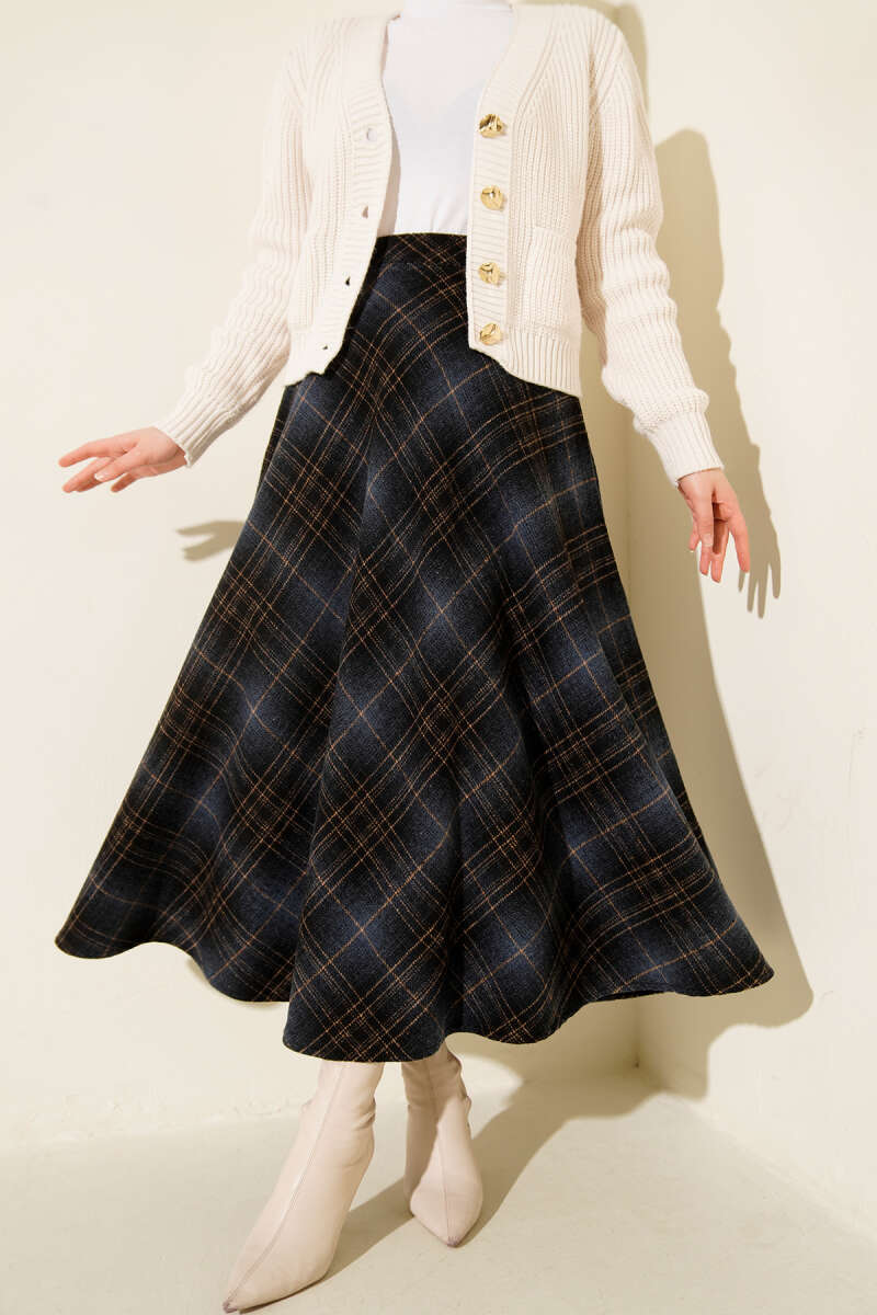 Plaid Flared Wool Skirt Midnight Blue