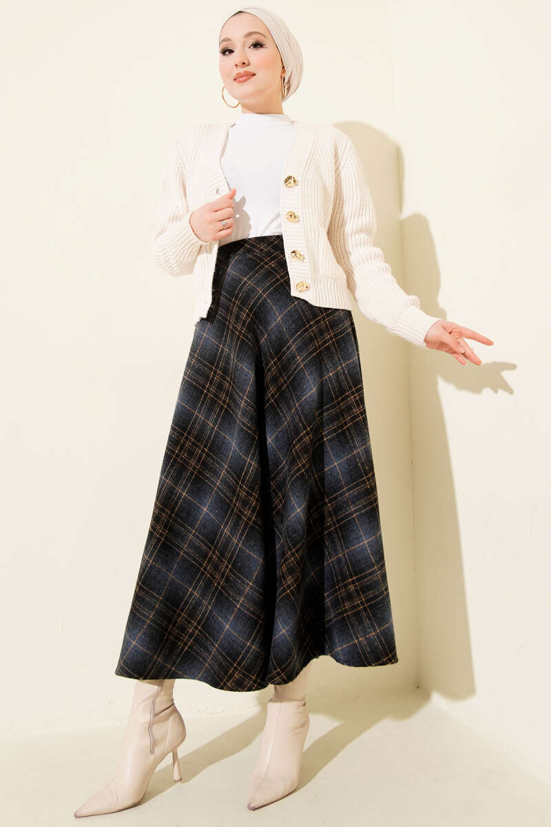 Plaid Flared Wool Skirt Midnight Blue - الصورة 2